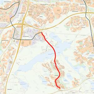 Karttakuva Vuoreksen puistokadun  raitiotien linjauksesta.